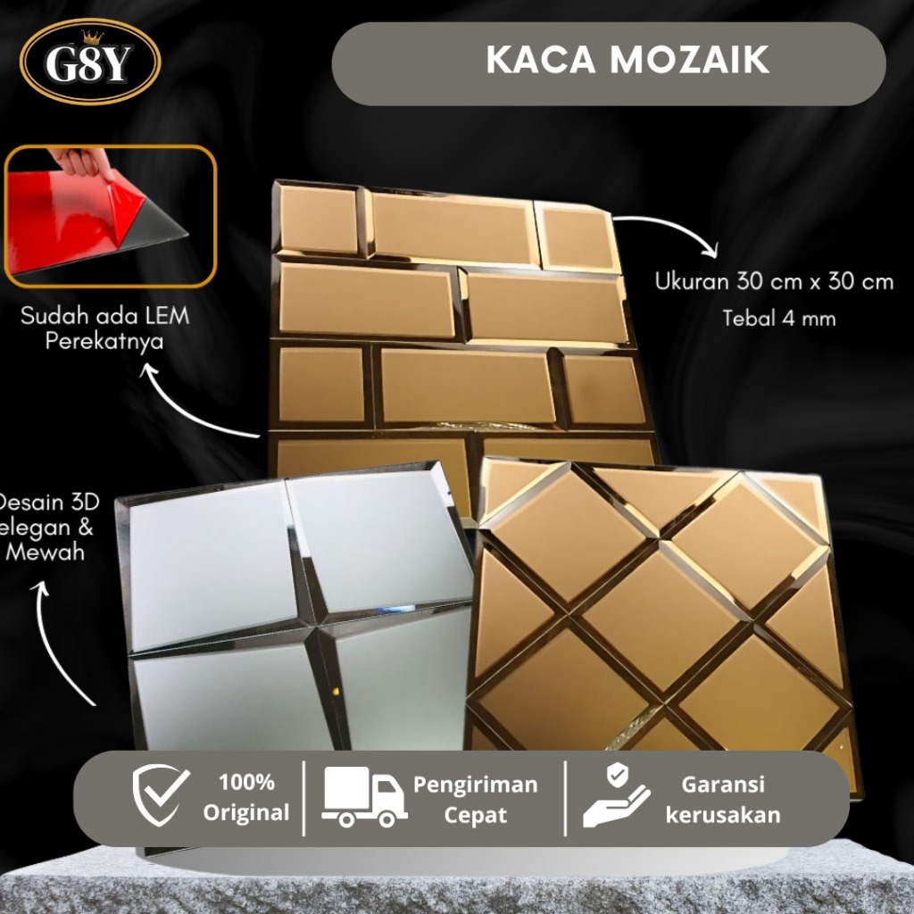 KACA CERMIN BEVEL MOZAIK / TEBAL 4MM / UKURAN 30CM X 30CM / SUDAH TERMASUK PEREKAT