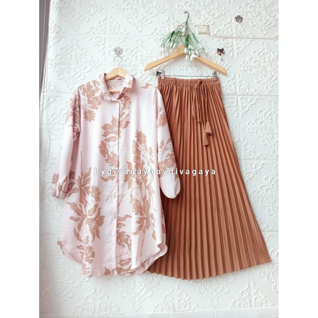 Setelan Wanita Aya Atasan Tunik Crincle Motif dan Rok Pliasket Mayung Panjang Fashion