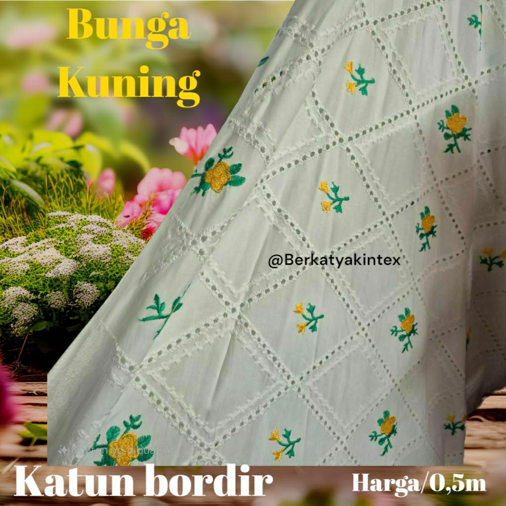 kain katbol motif bunga- kain katun bordir bolong bunga kuning -  kain bordir motif bunga harga/0,5m