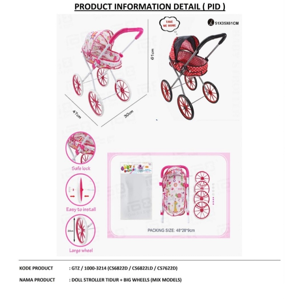 MAINAN STROLLER TIDUR BONEKA BAYI RODA BESAR CS6822