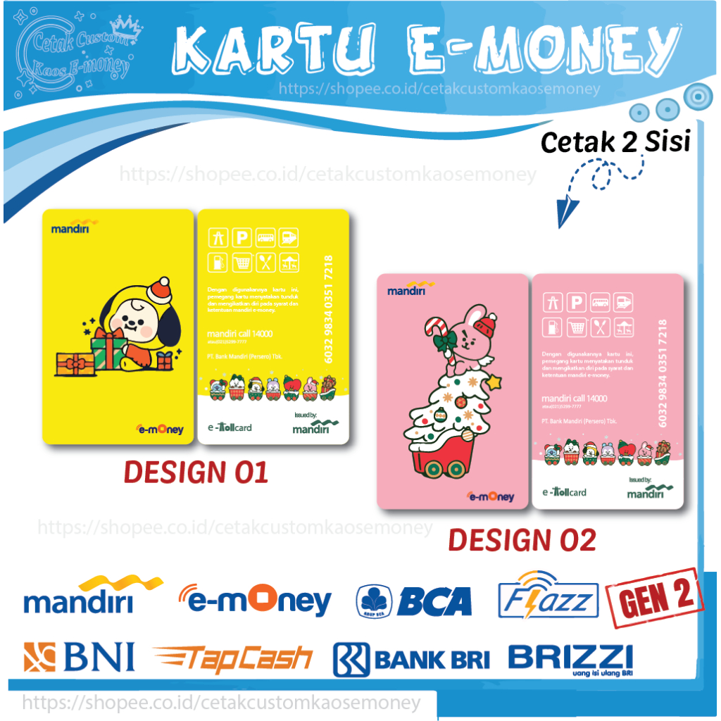 KARTU E MONEY E TOLL BT21 CHIMMY & COOKY CHRISTMAS NATAL MANDIRI BNI BRI BCA GEN 2 - 2 SISI