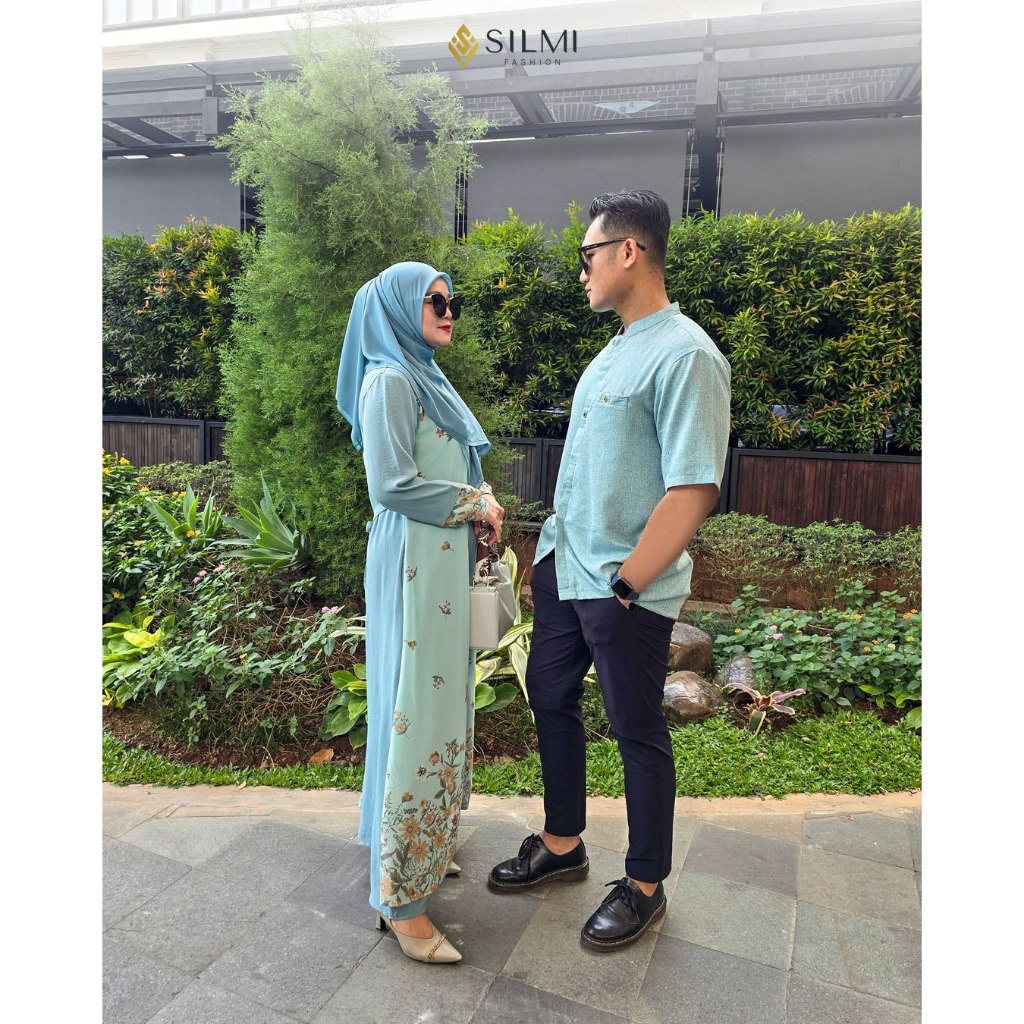 Baju Lebaran Couple Pasangan Dress Wanita Kondangan Bermotif Nathan Thania Aqua Haze Terbaru Silmi