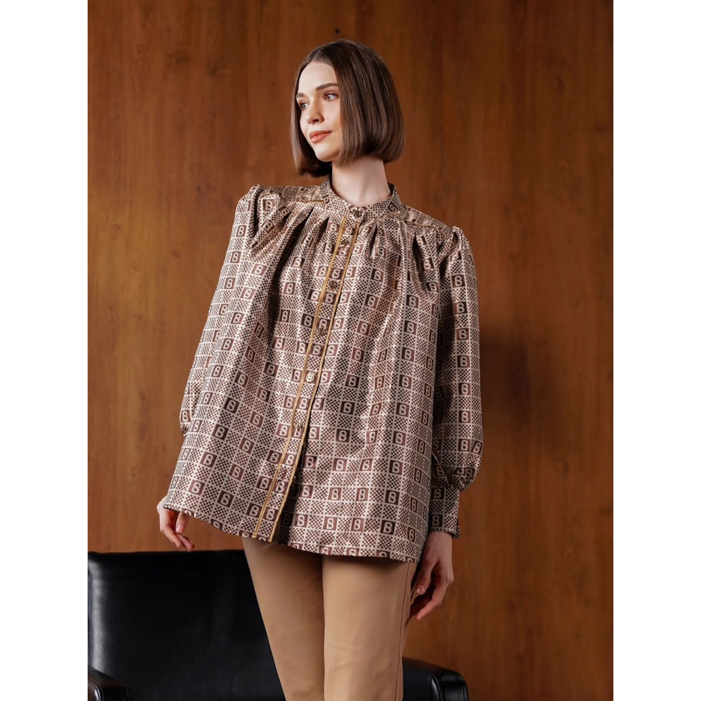 Buttonscarves Plaid Jacquard Pleated Shirt Bronze