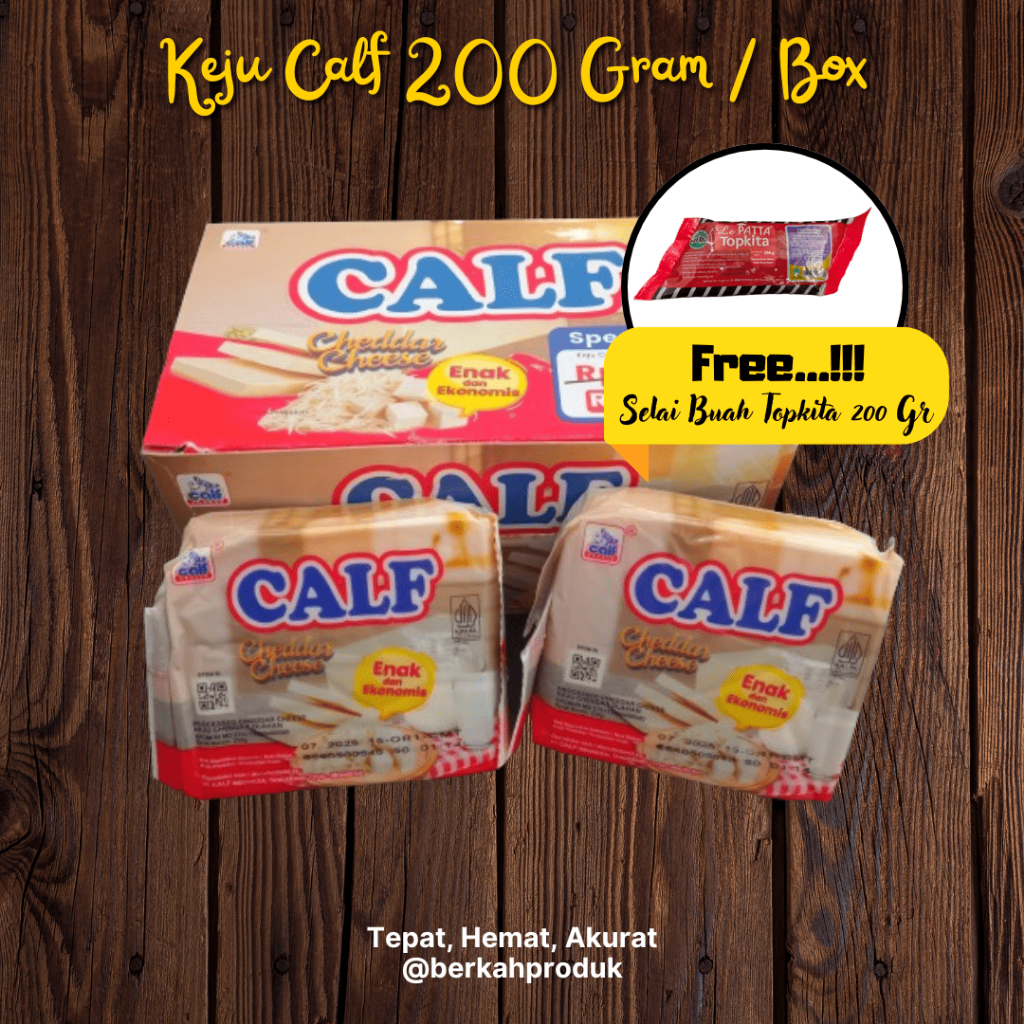 

Keju Calf Cheddar Cheese Ukuran 200 Gram Per BOX (Free Gift Selai 200 Gr)