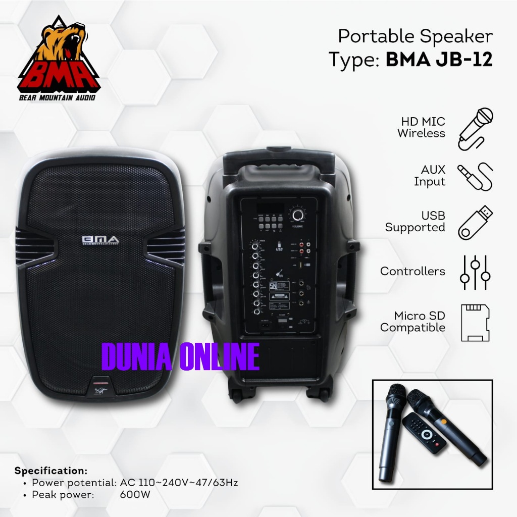Speaker Portable 12 inch BMA JB12 / JB 12 Portable Speaker Include 2 Mic jb-12 Original