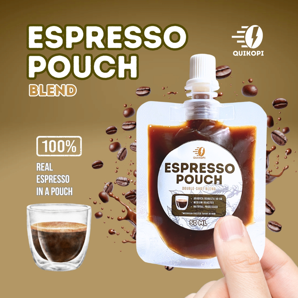 

QUIKOPI Espresso Pouch - Duoble Shot BLEND - Espresso Concentrated - 100% Espresso Murni 50 ML