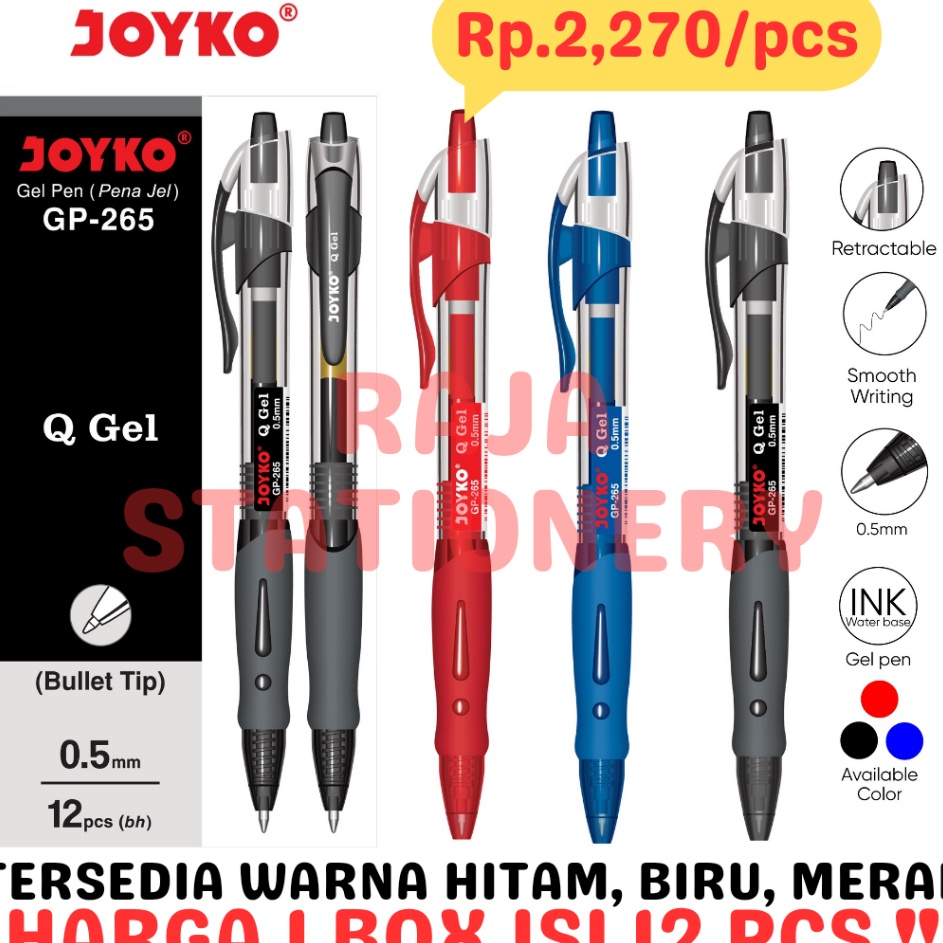 

JOYKO GEL PEN QGEL GP265 PENA PULPEN JOYKO CETEK HITAM BIRU MERAH GP265 REFILL PEN QGEL GP265 BOX