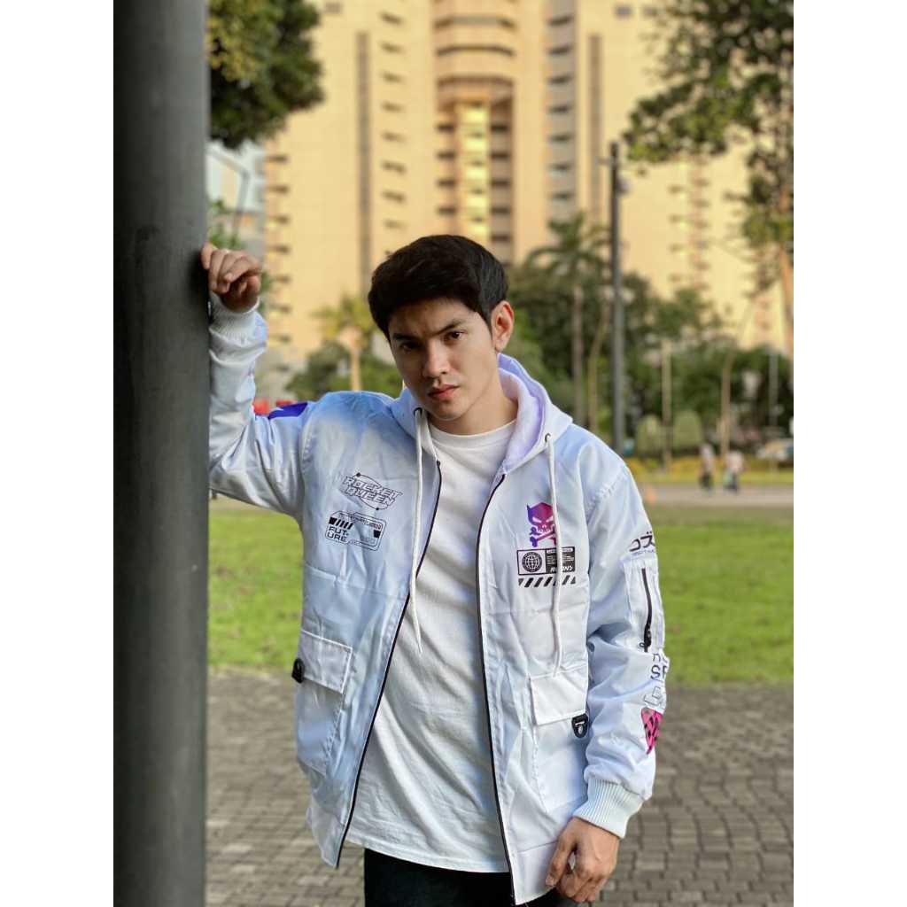 Jaket Bomber Pria - Jaket Bomber Cybernetic Rocket Queen Putih Original Premium