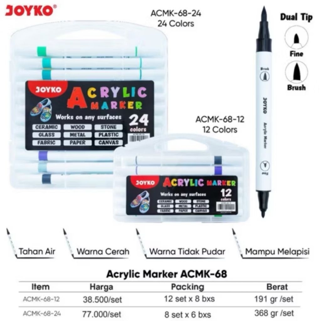 

1 set Joyko Dual tip ( Brush and Tip ) Acrylic Marker ACMK-68-12 12 Color / Cat Akrilik Marker 2 kepala ( Kuas dan Spidol ) ACMK-68-24 24 Color / Warna