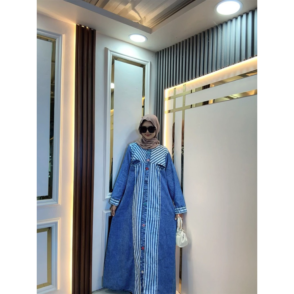 Baju Gamis Dewasa Jeans Jins Denim Jumbo Wanita Terbaru 2025 Modern Busui Kombinasi Salur Premium Ke