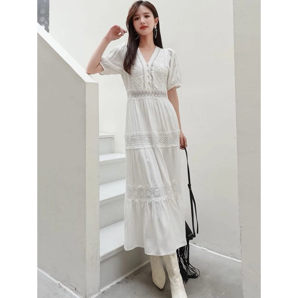 Bohemian White Embroidered/Katbol Maxi Dress