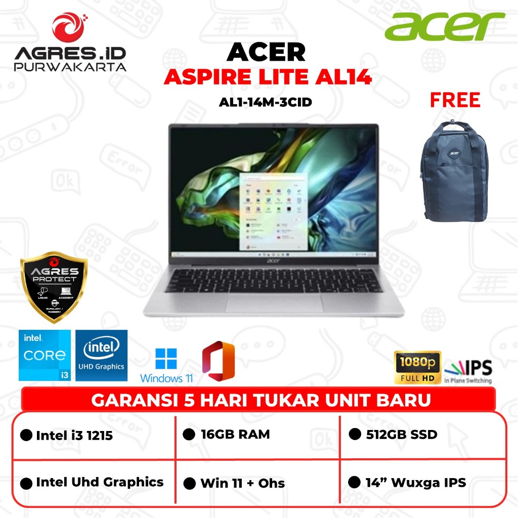 Acer Aspire Lite AL14 I3 1215 Ram 8GB Ssd 512GB Win 11+Ohs 14" Wuxga Ips