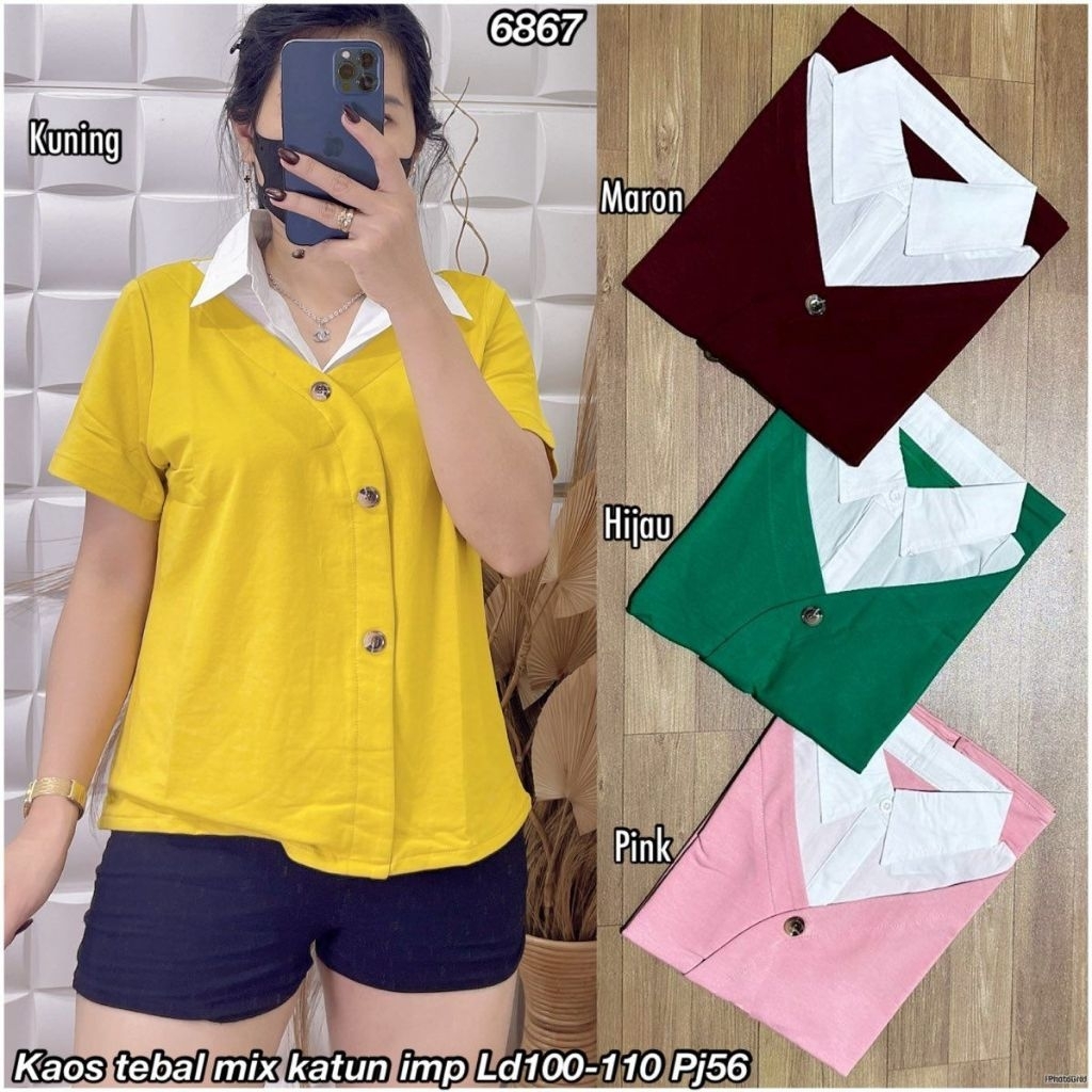 JL 6867 KAOS KERAH WANITA IMPORT / KAOS KERAH JUMBO WANITA / READY / REALPICT