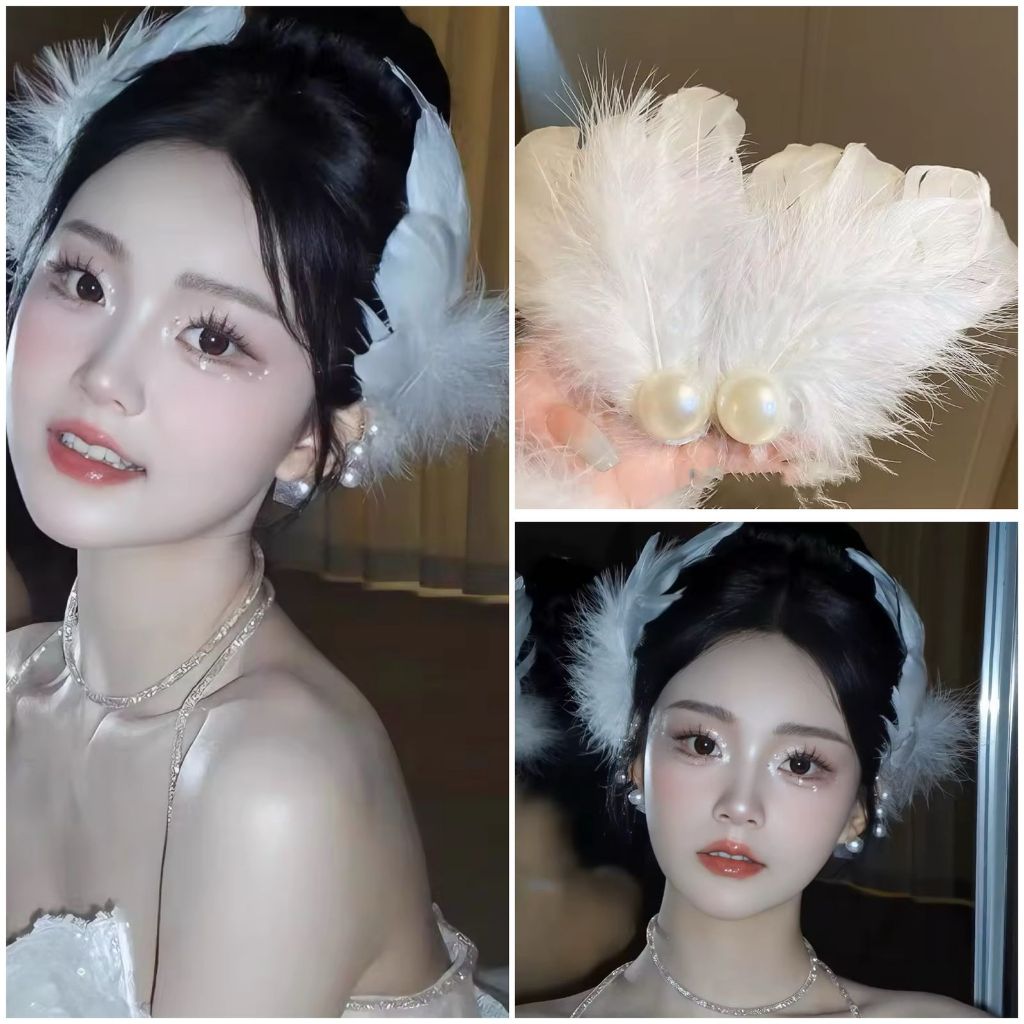 1 Pasang Hiasan Rambut Bulu Putih Mutiara Aksesoris Rambut Jepit Rambut