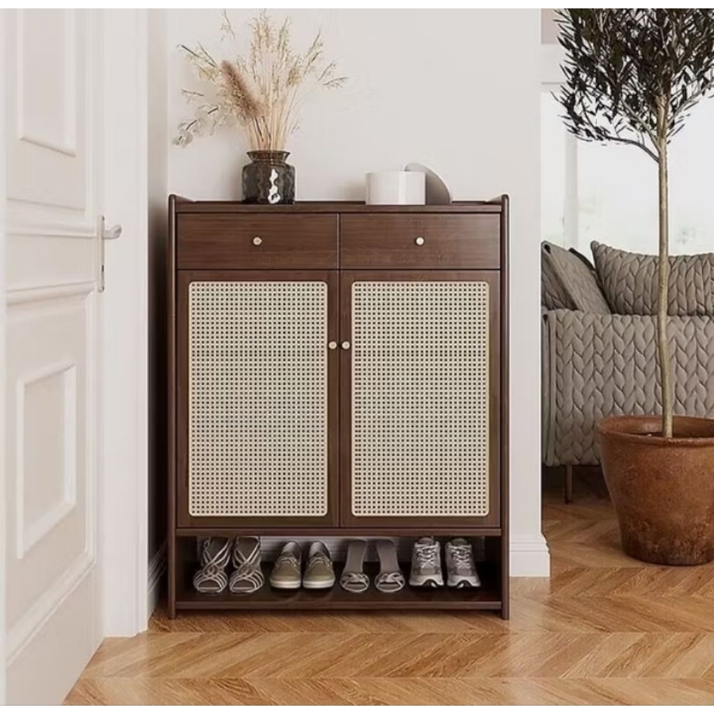 Rak Sepatu Minimalis Kayu Jati Kombinasi Rotan Rak Sepatu Kayu Jati Lemari Sepatu Kayu Jati