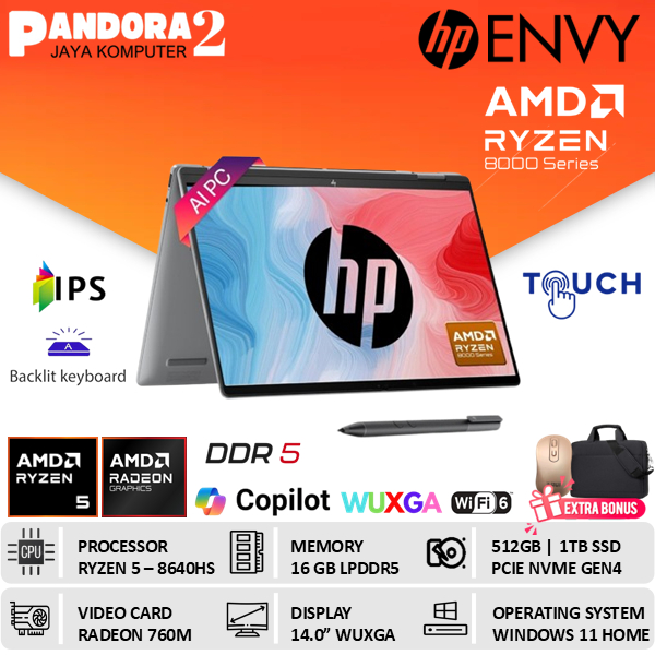 HP ENVY X360 14 RYZEN 5 8640HS 16GB DDR5 1TB SSD RADEON 760M WIN 11 WUXGA IPS TOUCH