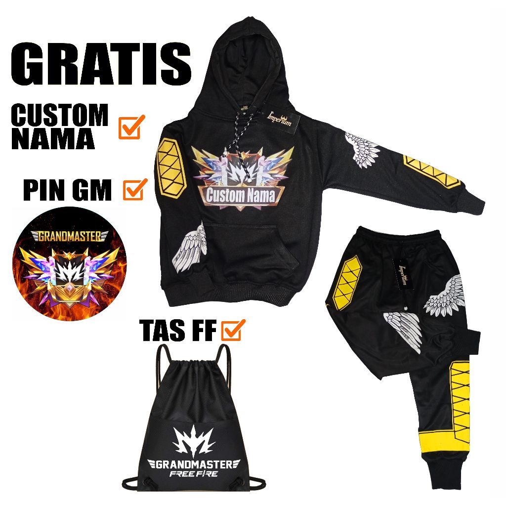 Setelan Baju Gaming Anak Motif Free Fire Jaket Sweater GRANDMASTER TERBARU dan Celana Angel FF