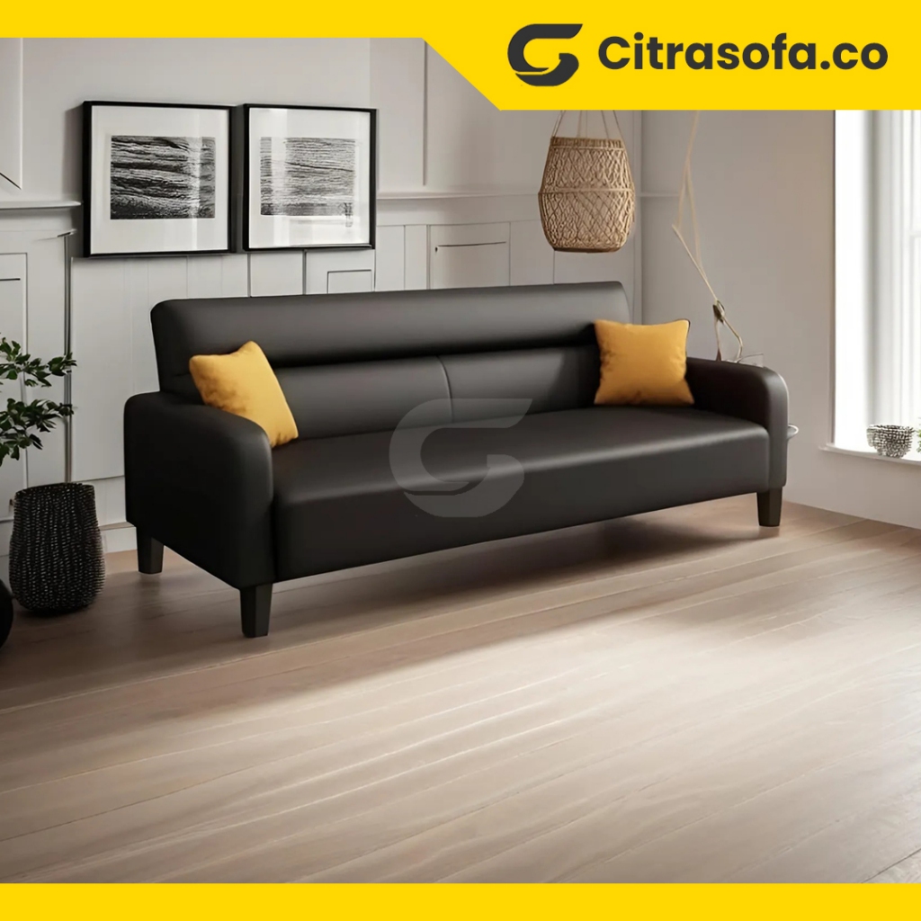 Sofa 2 Dudukan Minimalis Modern - Kulit Sintetis Hitam | Sofa Ruang Tamu & Kantor