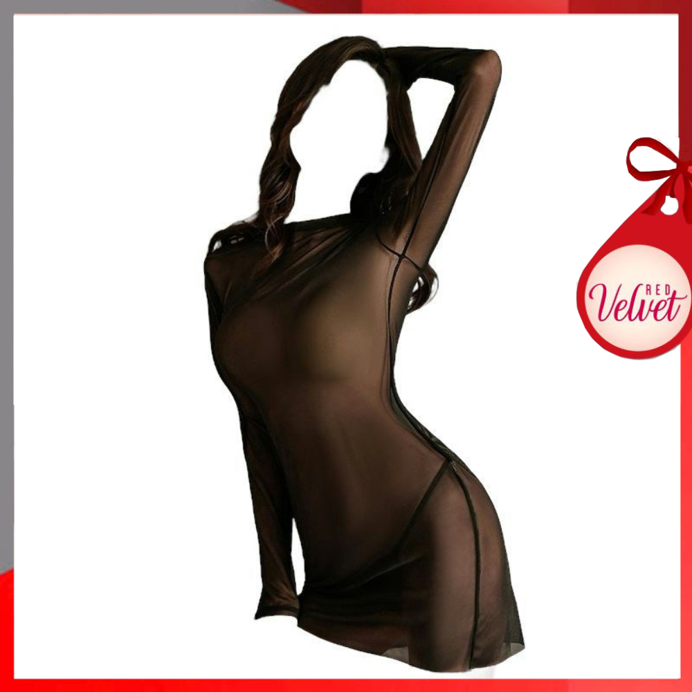 RV® Baju Mini Dress Lengan Panjang Lingerie Press Badan Body Fit Bahan Tipis Transparan Gaya Elegant