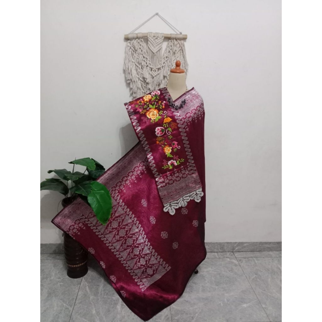 Songket Silungkang selendang sulam warna pink, songket padang