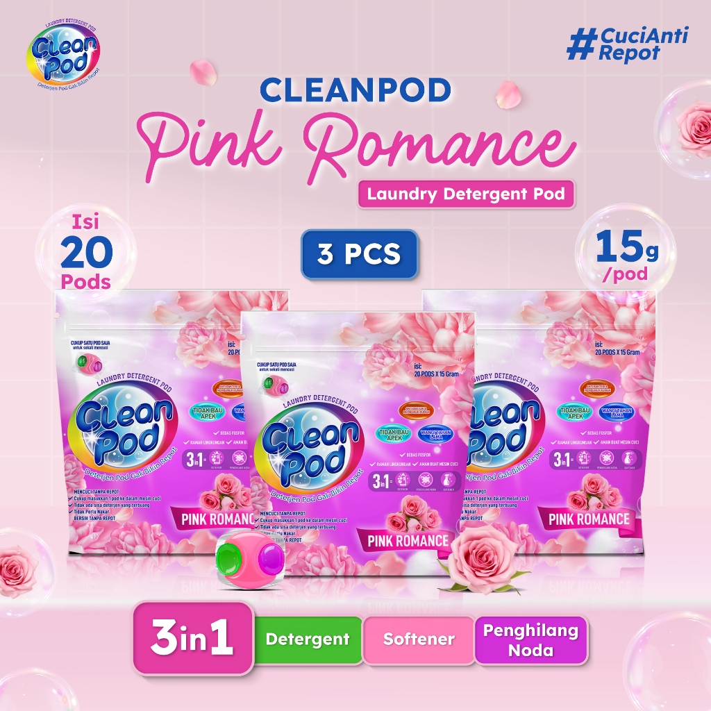 [ CLEANPOD ] 3 of CleanPod Pink Romance Scent Laundry Detergent Pods (1 Pack 20 Pods x 15 Gr)