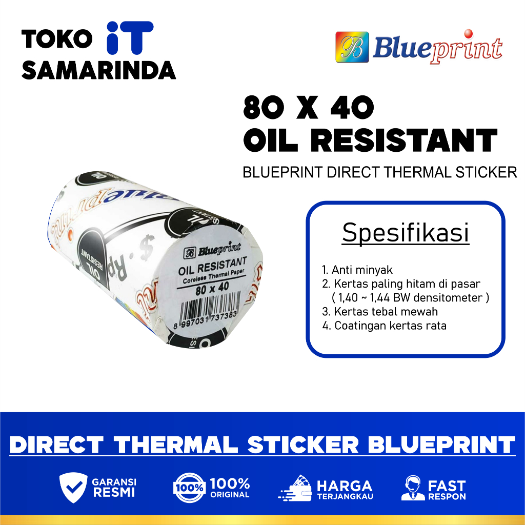 

Kertas Thermal / Kertas Kasir / Kertas Struk BLUEPRINT 80mmx40mm Oil Resistant