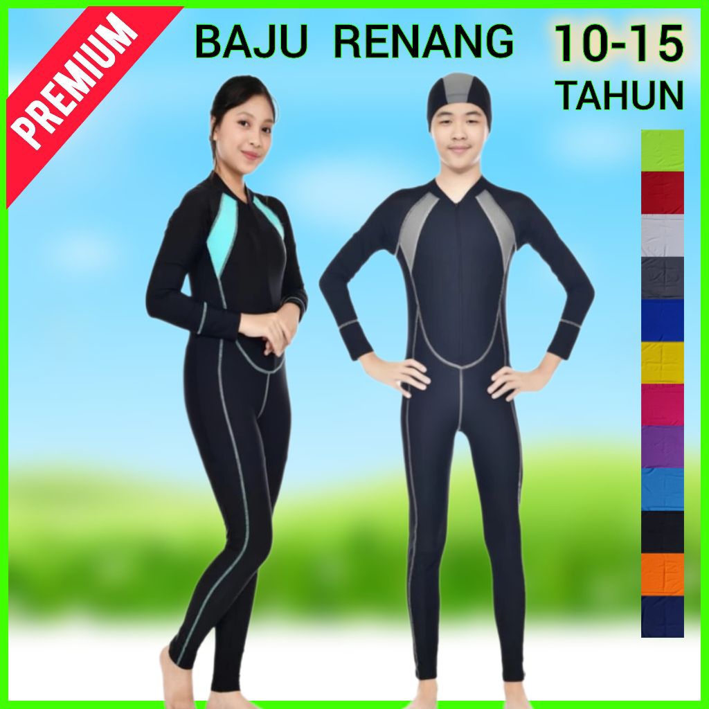 10-15 Tahun - Baju Renang Anak Laki-laki dan Perempuan Lengan Panjang BONUS TOPI Pakaian Berenang Po