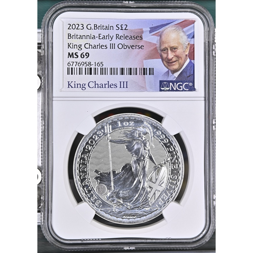 Koin Perak 1oz Britannia Early Releases King Charles III 2023 NGC MS69