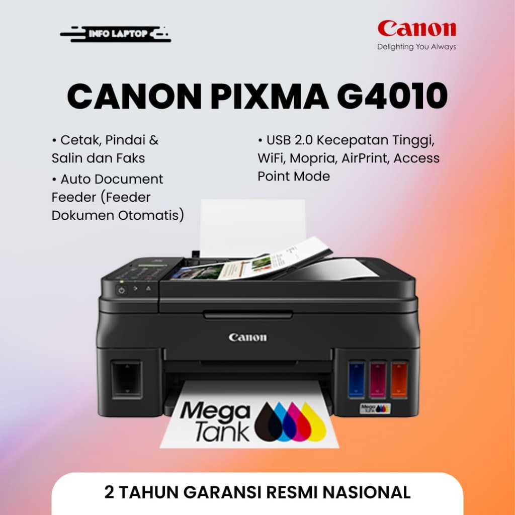 PRINTER CANON PIXMA G4010 (PRINT SCAN COPY ADF) INFUS BAWAAN PABRIK