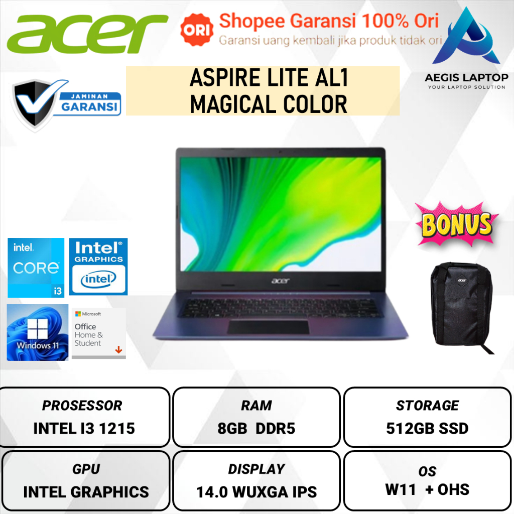 Acer Aspire Lite AL1 Magical Color Intel i3 1215 RAM 8GB SSD 512GB 14.0 Wuxga Ips