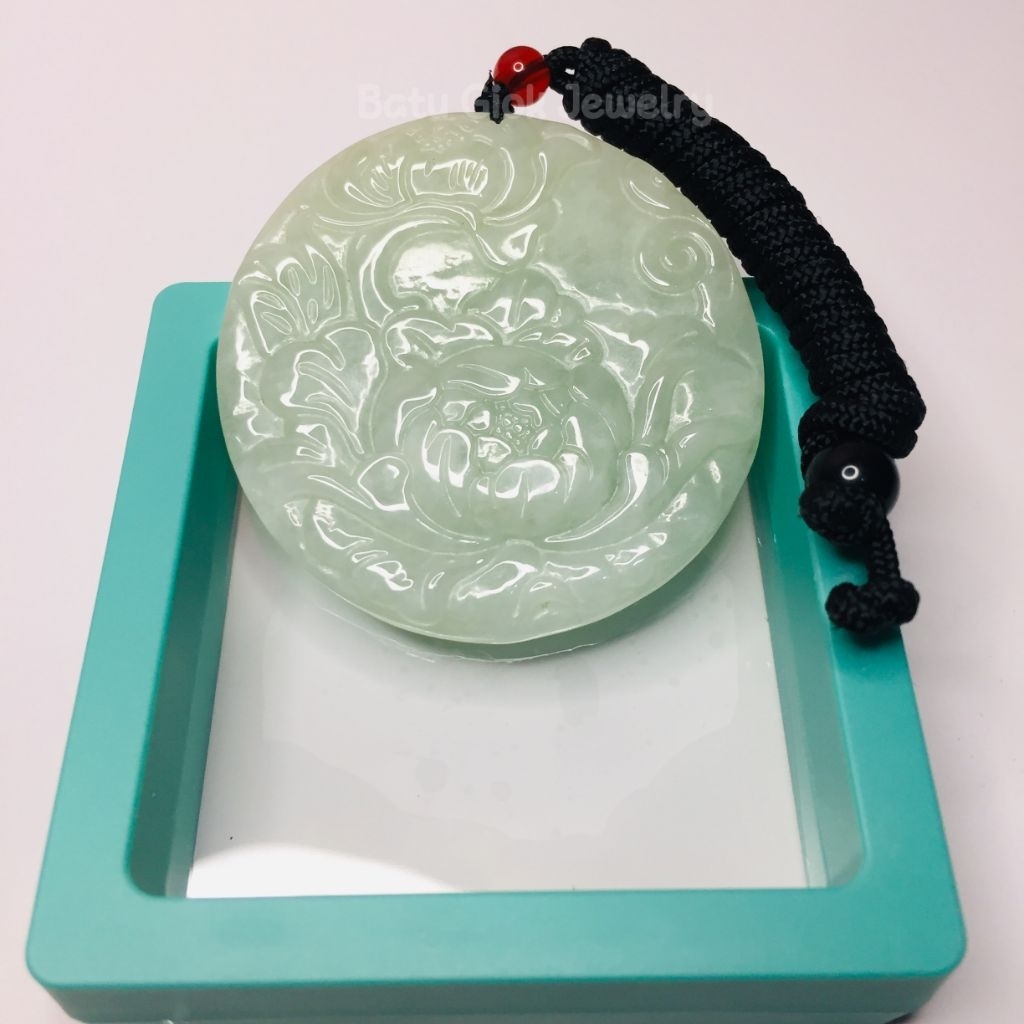 Kalung Giok Burma Ukir Bunga Peony