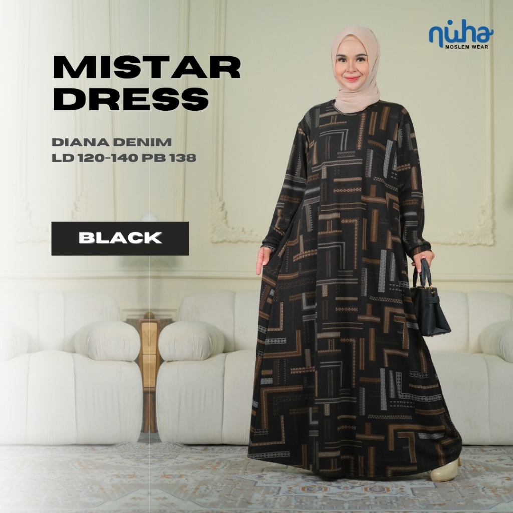 Mistar Dress - Gamis Harian Wanita Ibu Jumbo Ld 120 140 Adem Motif Kekinian Terbaru 2025 Warna Hitam