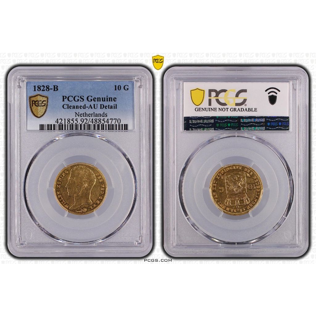 Koin Emas Netherlands 10 Gulden 1828B Willem I PCGS AU Detail - 6,729 gr
