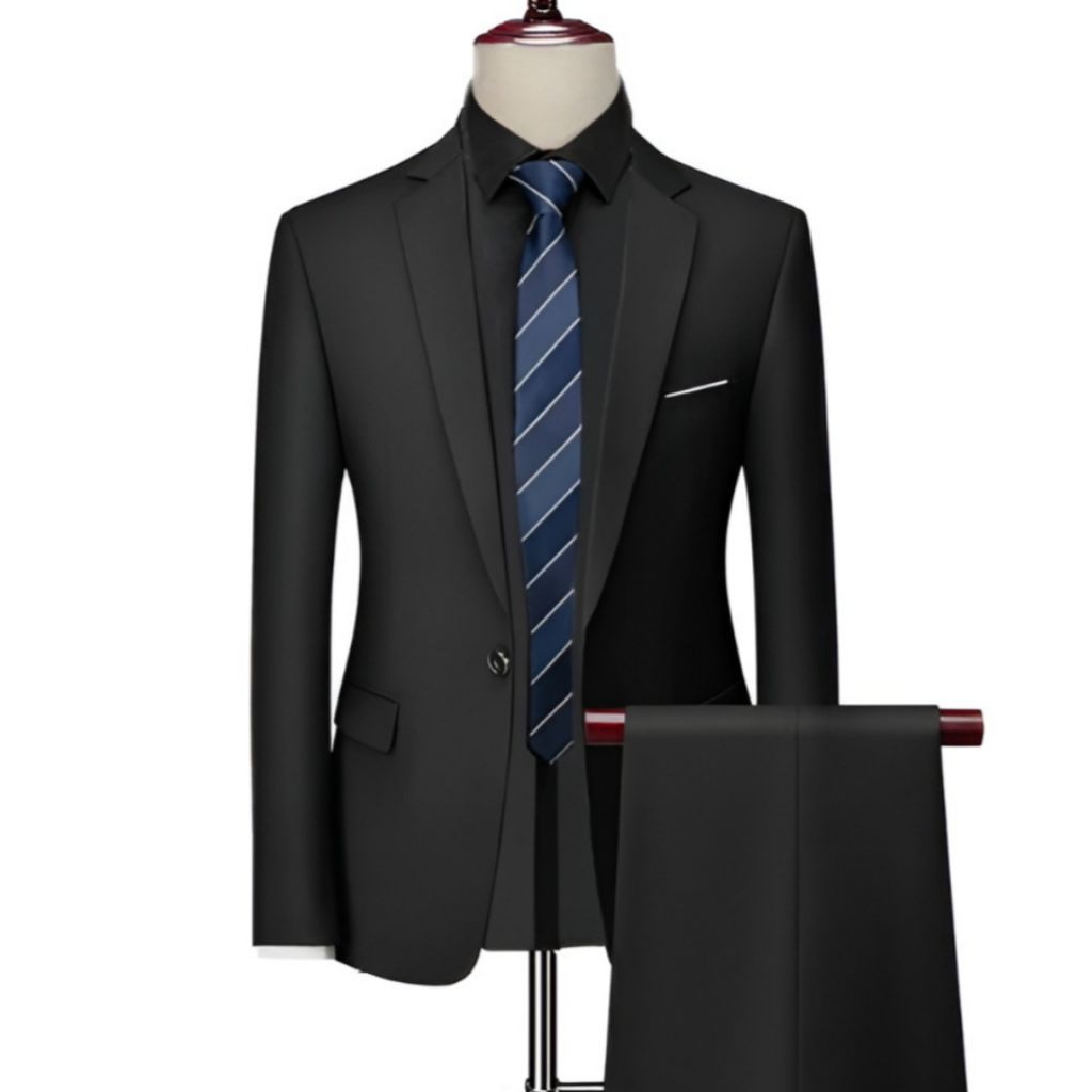 Setelan Jas Formal Pria Hitam Pekat Bahan Wol Jettblack Premium