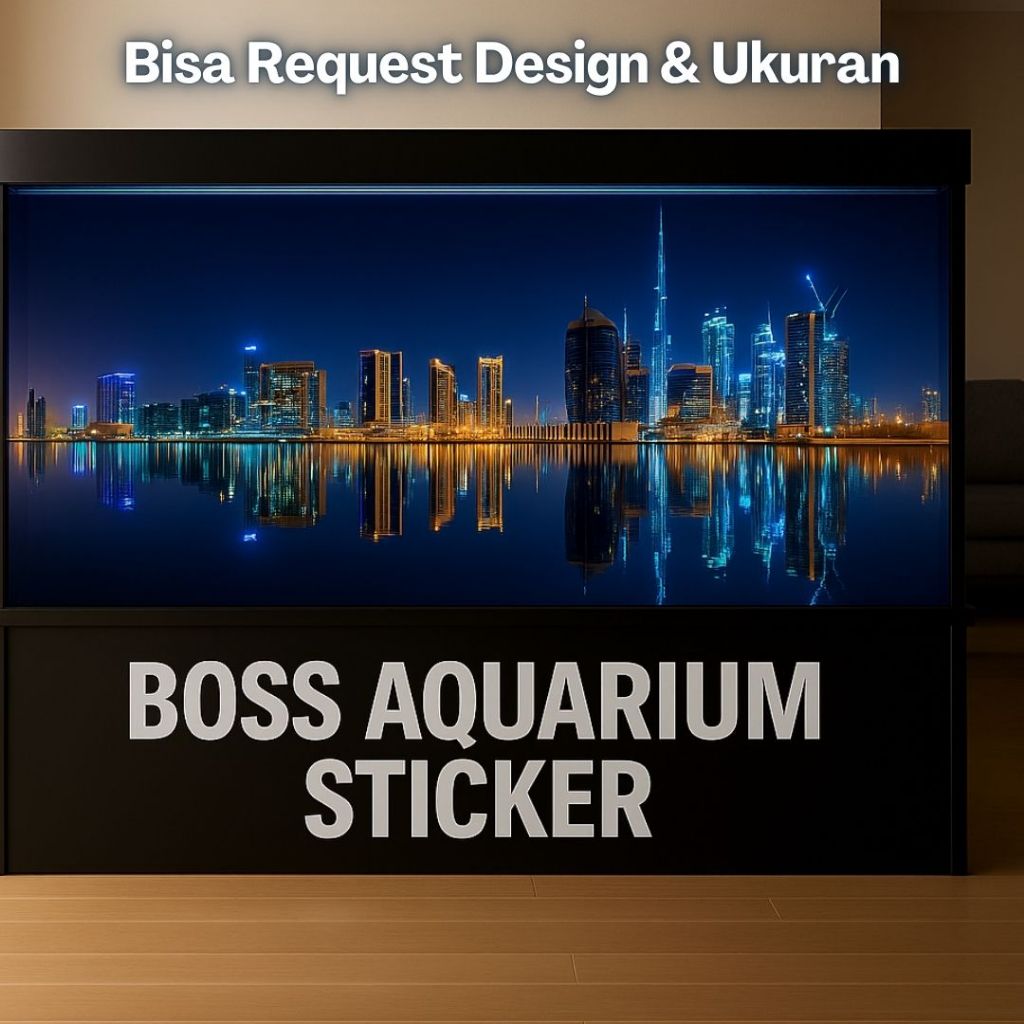 Boss Aquarium Sticker Background Walpaper Kolam Ikan Gambar Perkotaan City Free Custom