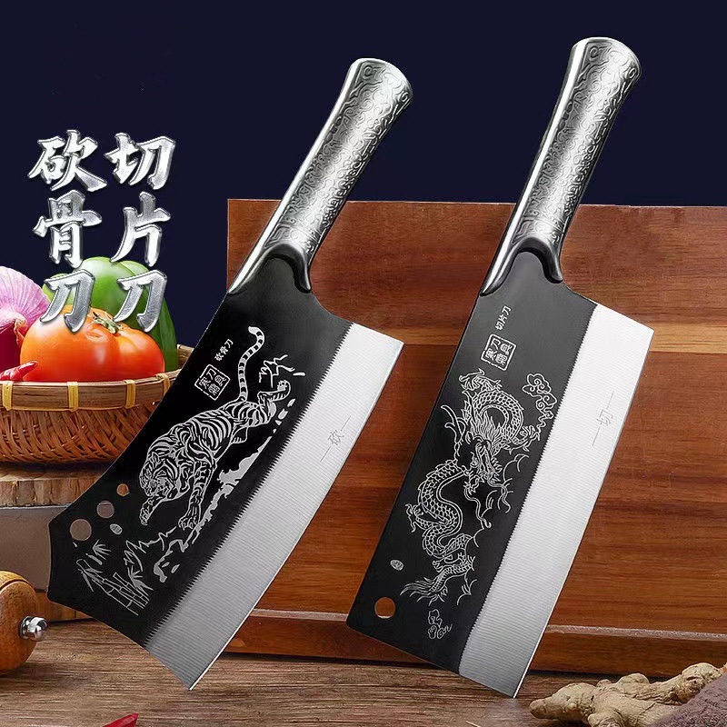 Pisau Motif Harimau Dan Naga Pisau Dapur Tajam Pisau Serbaguna Untuk Potong Daging Tulang Sayur Ayam