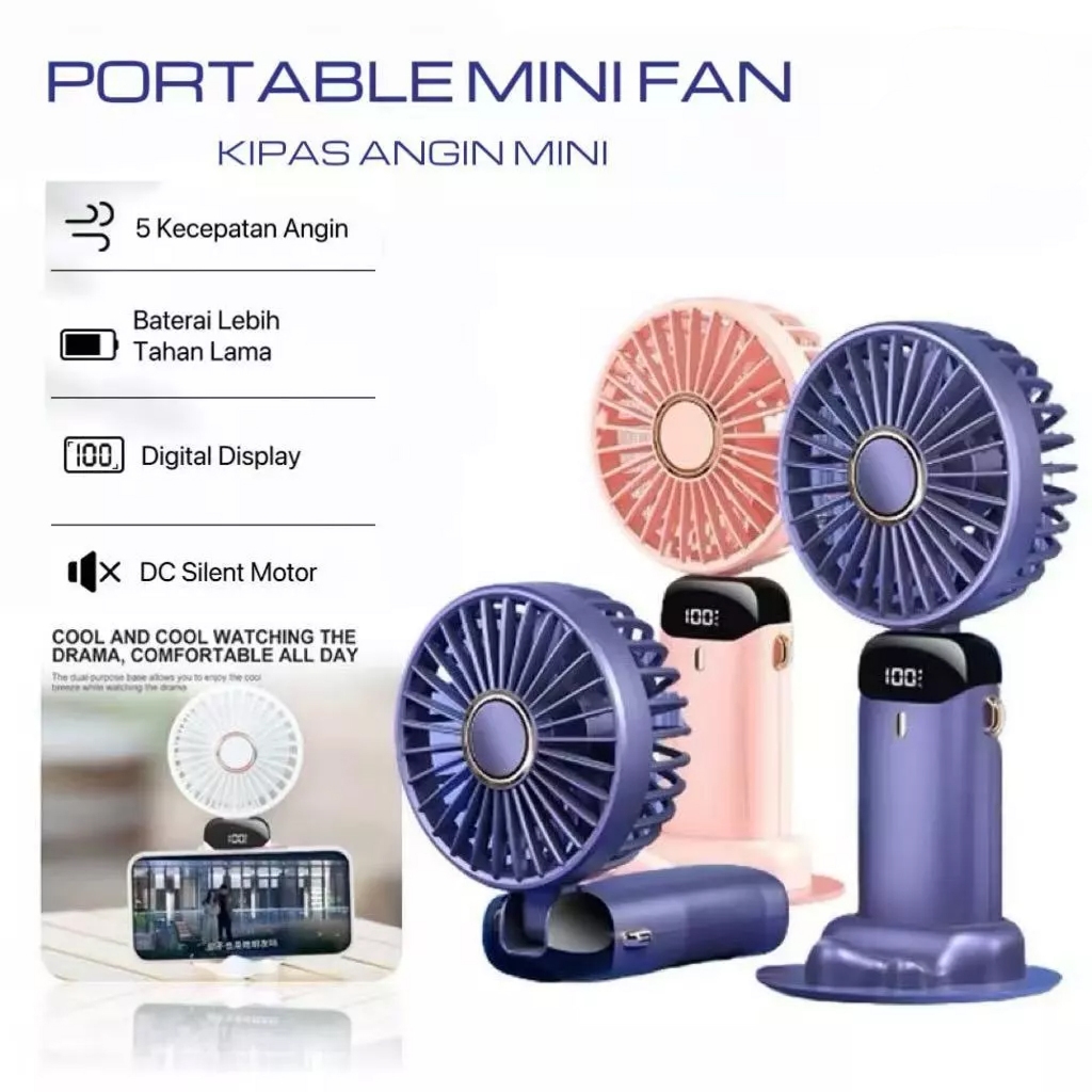 (BISA COD)Kipas Angin Lipat Mini Portable LED Display 5-Speed Wind Adjustment Kipas Genggam Foldable