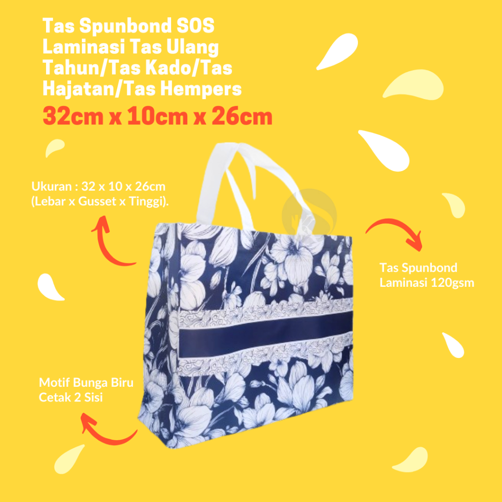 

Tas Spunbond SOS Laminasi 32x10x26 Motif Bunga Biru tas ulang tahun/tas kado/tas hajatan/tas hempers