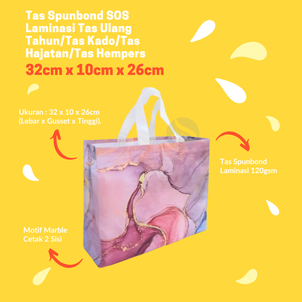 

Tas Spunbond SOS Laminasi 32x10x26 Motif Marble tas ulang tahun/tas kado/tas hajatan/tas hempers
