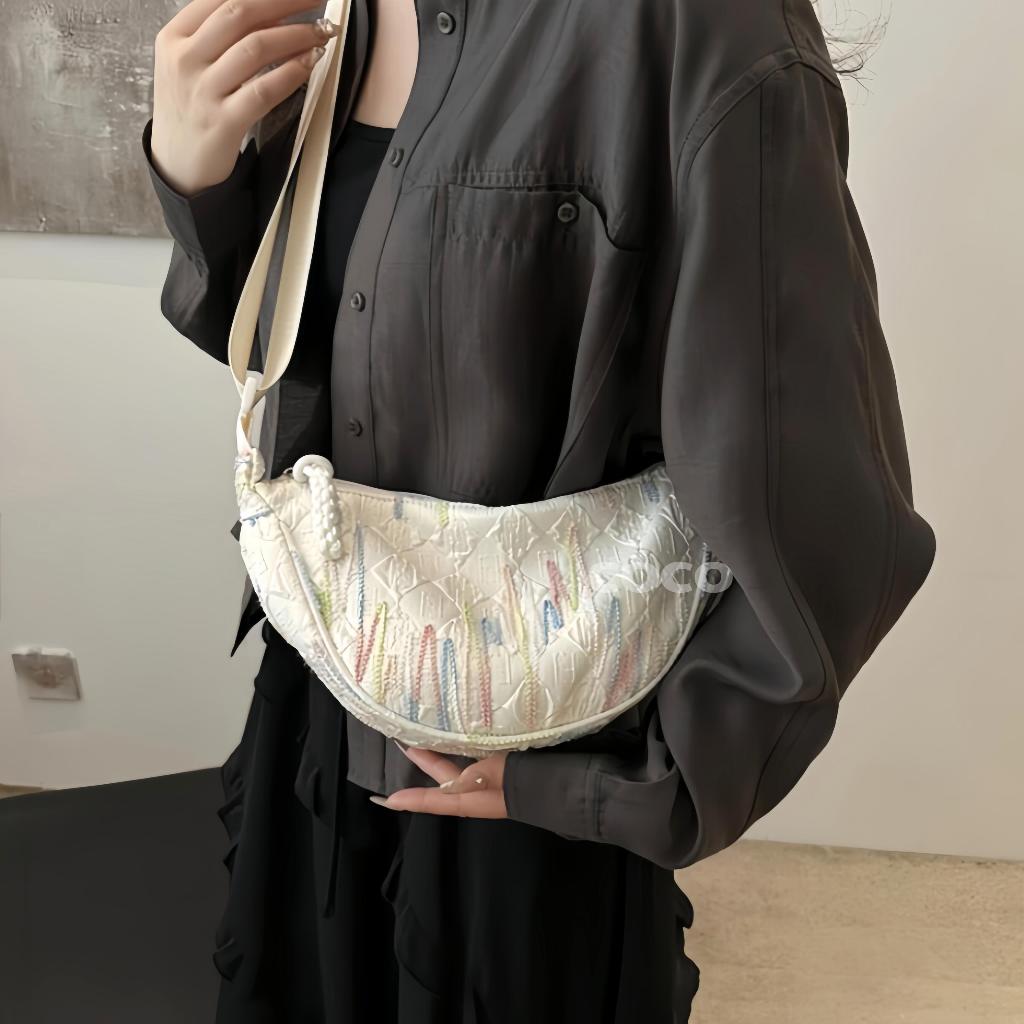 NEW [COD] Tas Bahu Wanita Lucu Korea Tas Selempang Kasual Bag Kanvas Half Moon Bag Shoulder Round