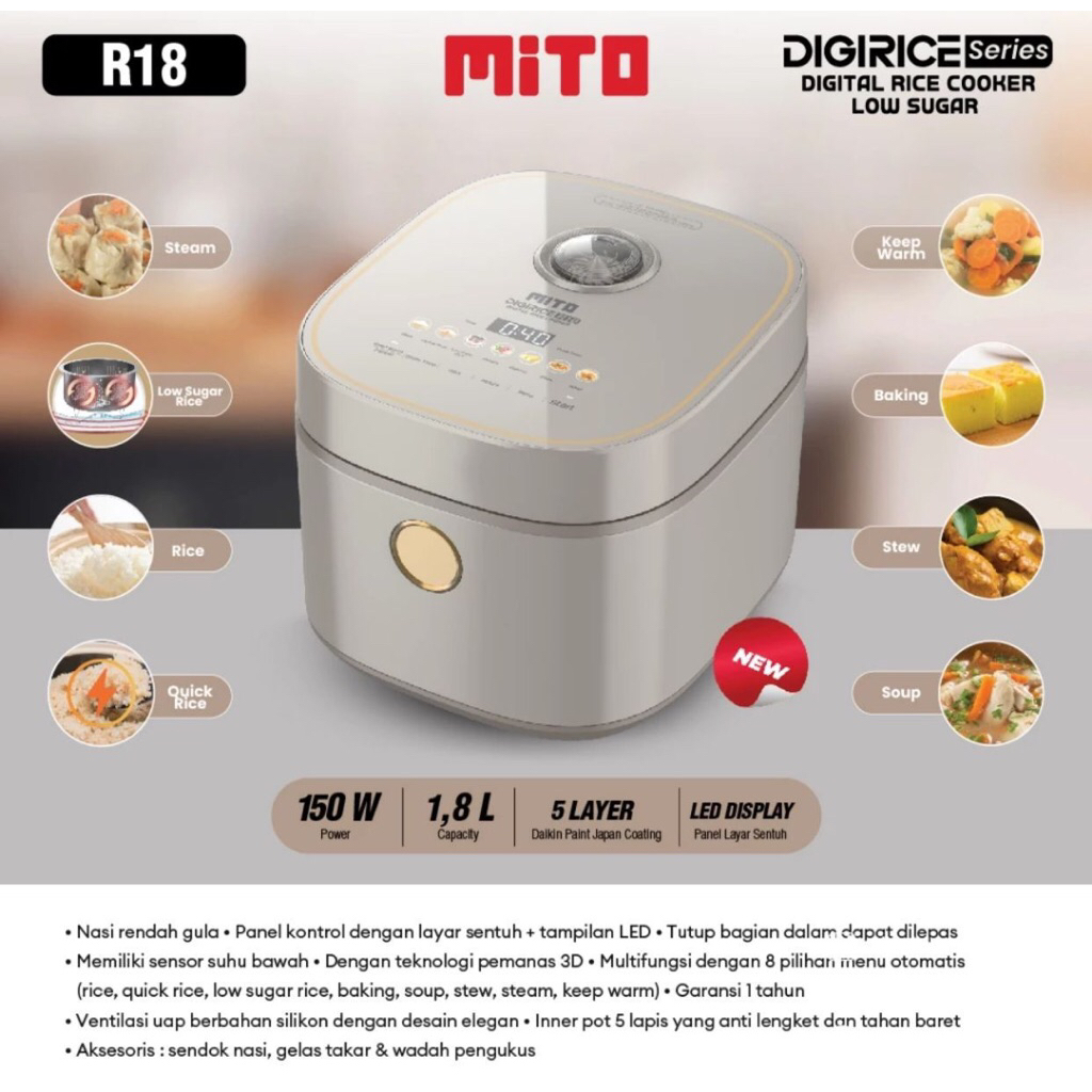 . MITO RICE COOKER DIGITAL R 18 1.8 L LOW SUGAR MITO R18 RICE COOKER RENDAH GULA
