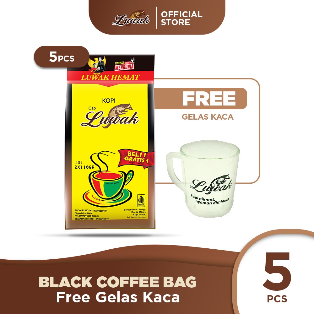 

Kopi Luwak Super Hemat Black Coffee Bag 110gr+110gr 5 pcs - Free Gelas Kaca