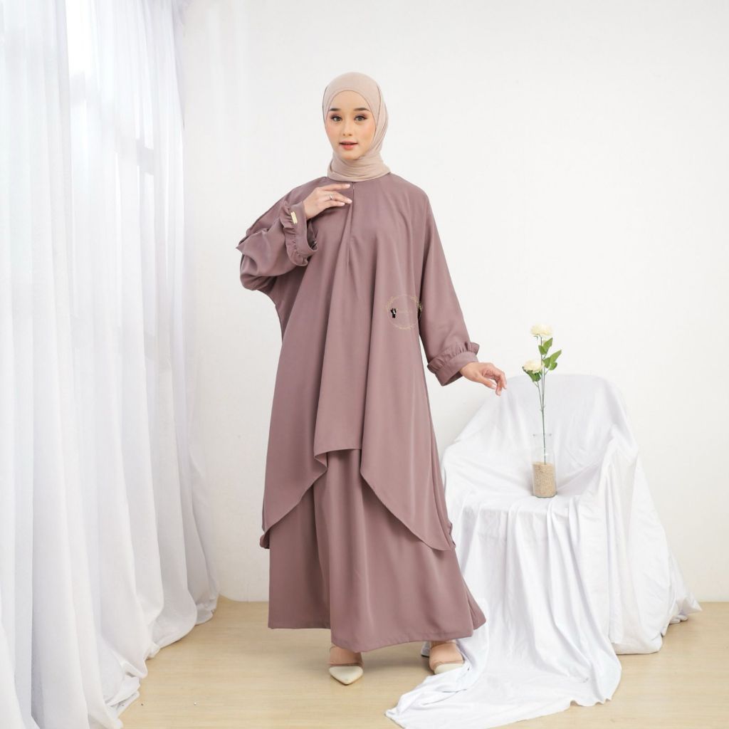 Dress One Set Syar'i Tunik Rok, Bahan Wolfis anti UV Wudhu, Busui Friendly, JetBlack - ALMIRA SERIES