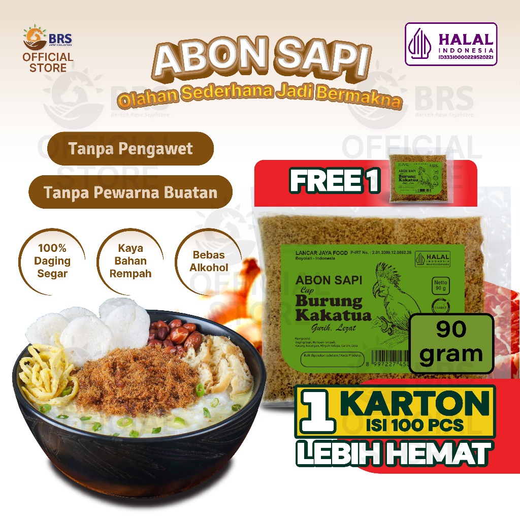 

Abon Sapi Cap Kakatua Kemasan 90g isi 1 karton (100pcs)