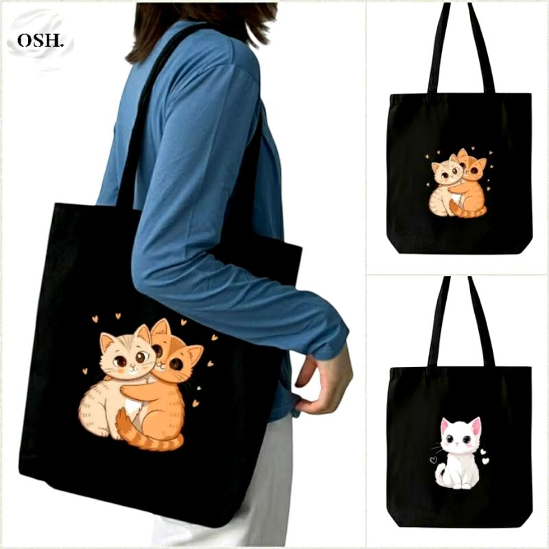 OSH Funny Cat Tote Bag - Tas Jinjing Tote Bag Resleting Motif Kucing Lucu Aesthetic Terbaru