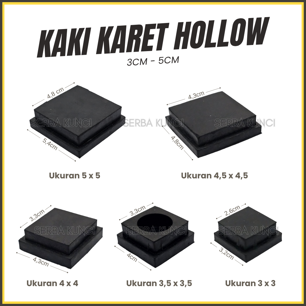 Kaki Karet Hollow Padat 5x5, 4x4, 3x3 Tapak Meja Kursi Bangku Jolo Holow Besi Tutup