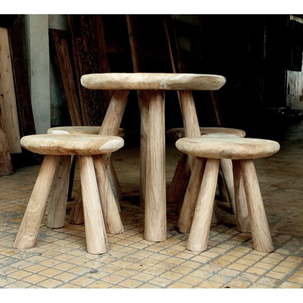 (Kayu Lama) Set Meja bangku stool ubur2 kayu jati rustic