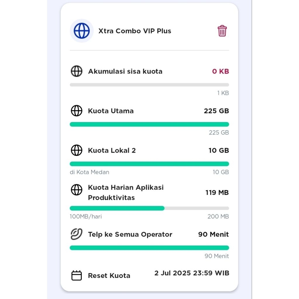 Kartu XL Xtra Combo VIP 75GB triple kuota 225GB 91% XCV