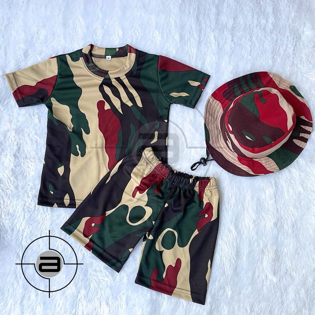 Setelan loreng baju celana dan topi timba anak usia 1-8 tahun set tentara