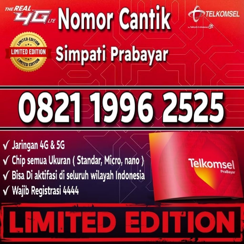 Nomor Cantik Telkomsel Simpati 4G Lte O821 1996 2525 2626 2929